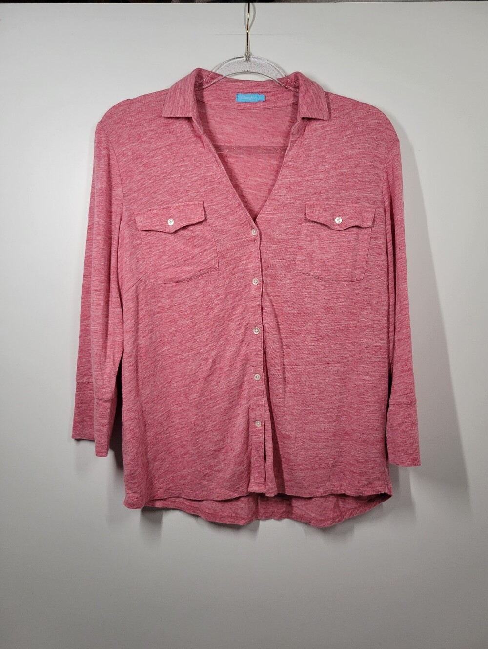 J. McLaughlin Pink Red Linen Blend Collared 3/4 Sleeve Button Top Women Sz Large